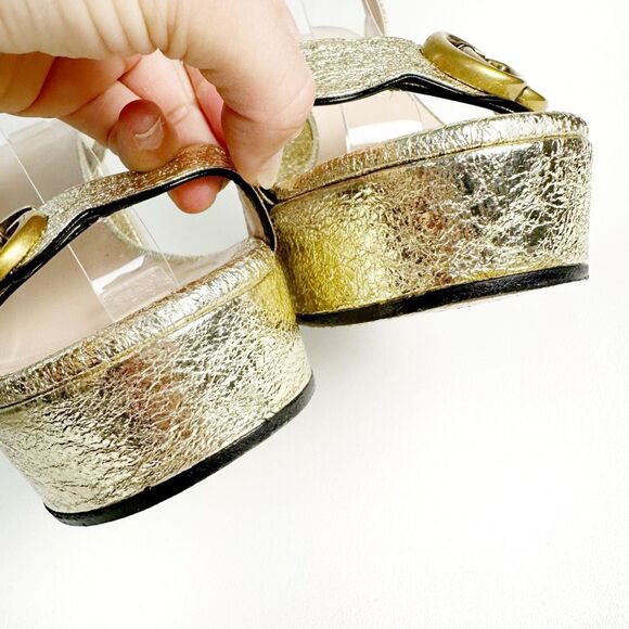 GUCCI Marmont Gold Platform Heel Sandals 39.5 Metallic Leather Block Ankle Strap - Picture 6 of 12